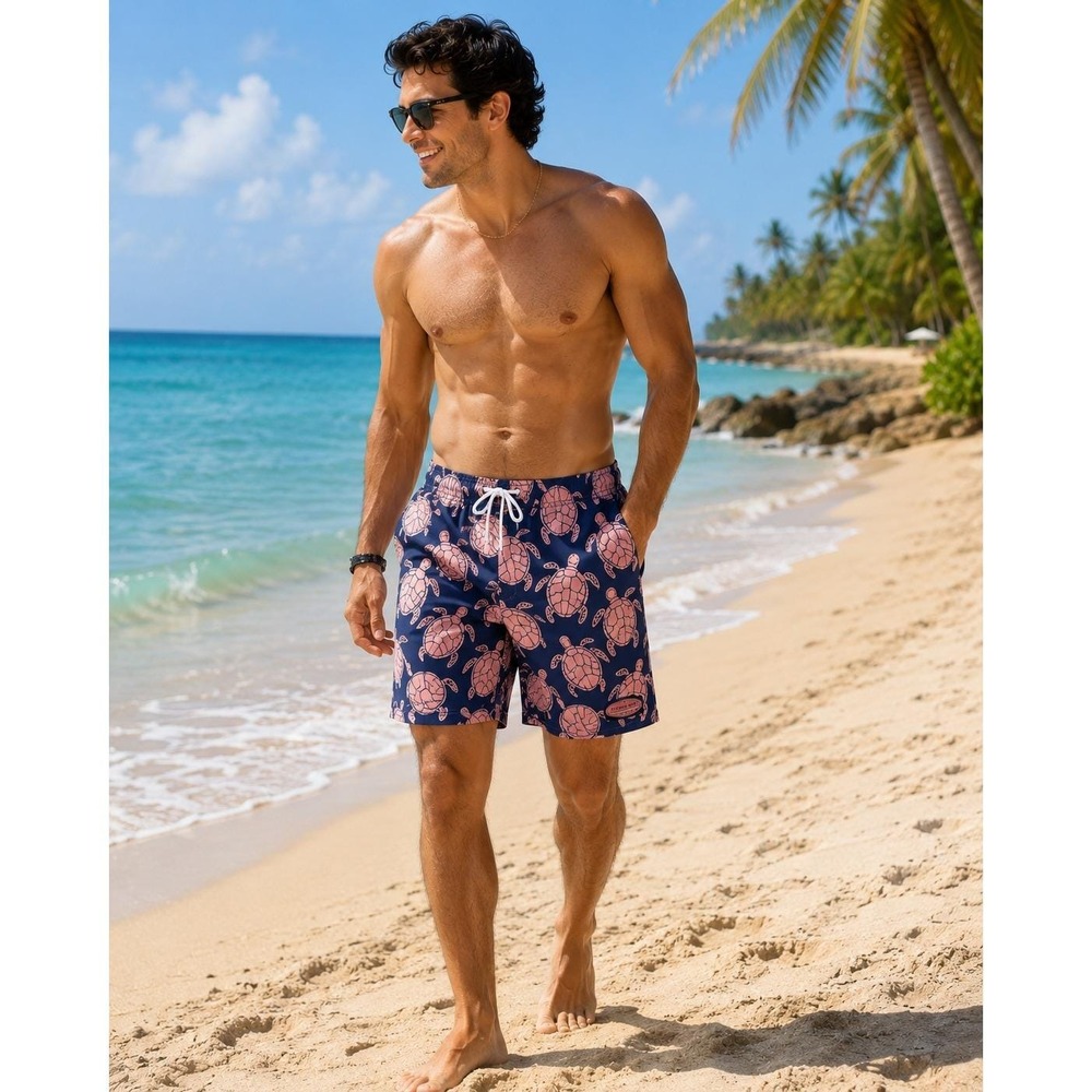 Vineyard Vines Mens Sea Turtle Shell Coral Print Swim Trunks Navy Pink Medium